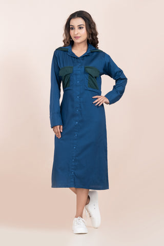 BLUE LONG DRESS WITH GREEN POCKET BLUE LONG DRESS WITH GREEN POCKET