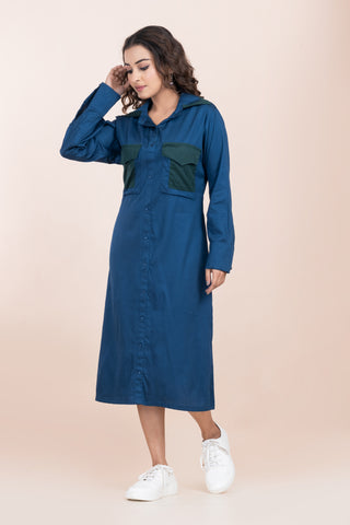BLUE LONG DRESS WITH GREEN POCKET BLUE LONG DRESS WITH GREEN POCKET
