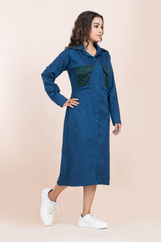 BLUE LONG DRESS WITH GREEN POCKET BLUE LONG DRESS WITH GREEN POCKET