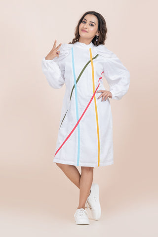 WHITE MULTICOLOUR STRIPES DRESS