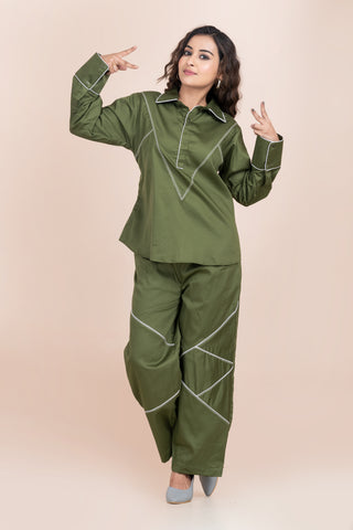 RUNNING STITCH-OLIVE GREEN CORD SET