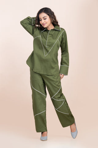RUNNING STITCH-OLIVE GREEN CORD SET
