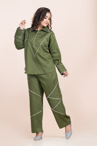 RUNNING STITCH-OLIVE GREEN CORD SET