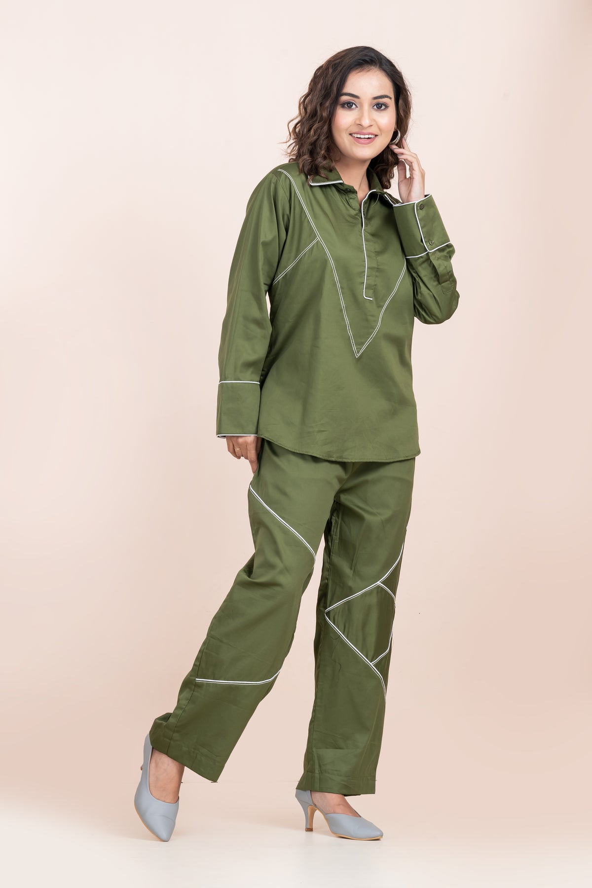 RUNNING STITCH-OLIVE GREEN CORD SET