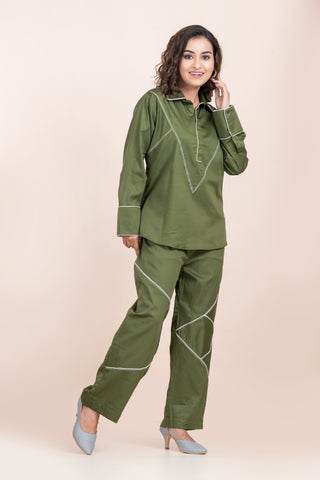 RUNNING STITCH-OLIVE GREEN CORD SET